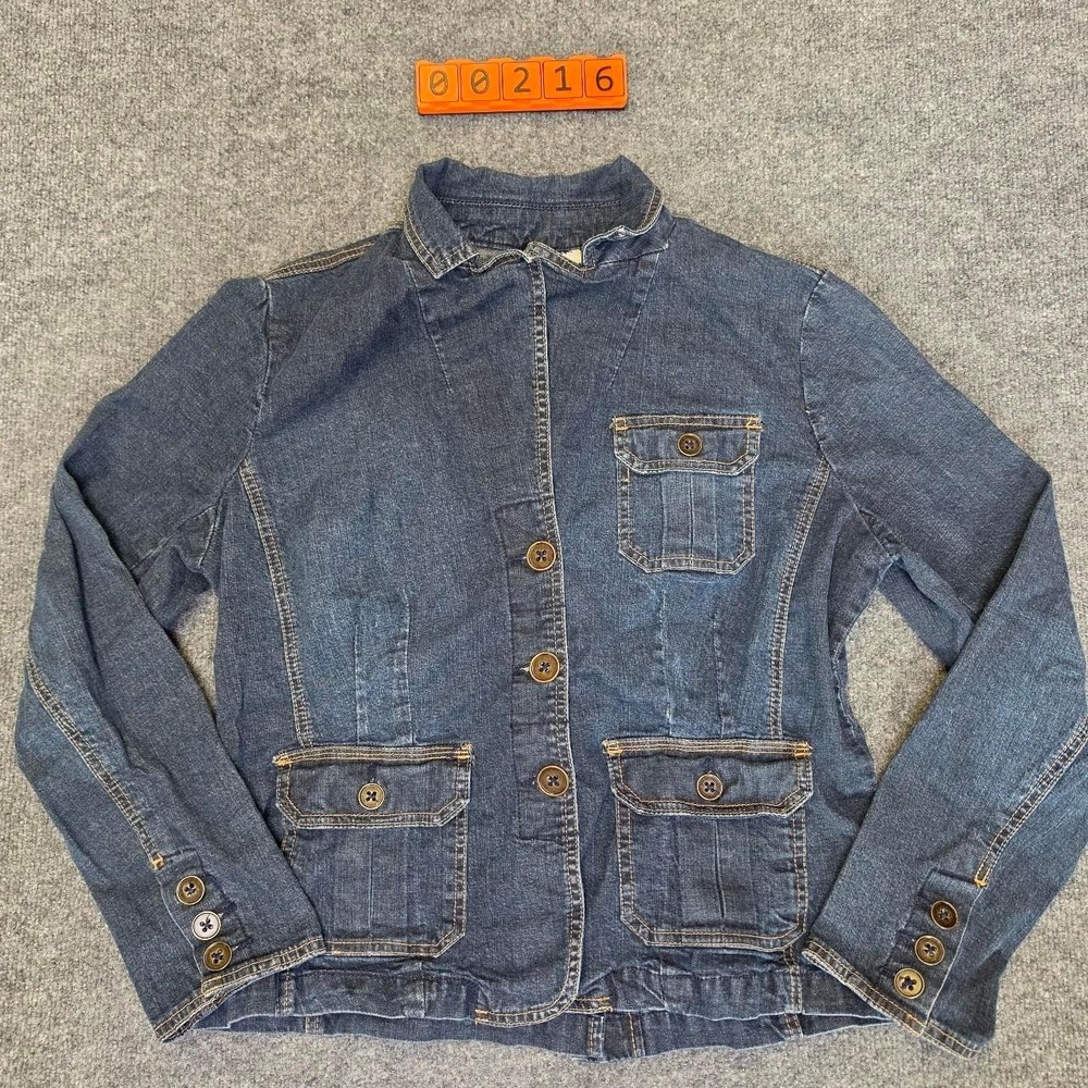 St. John's Bay navy blue denim jacket with button-up front and pockets, size L.